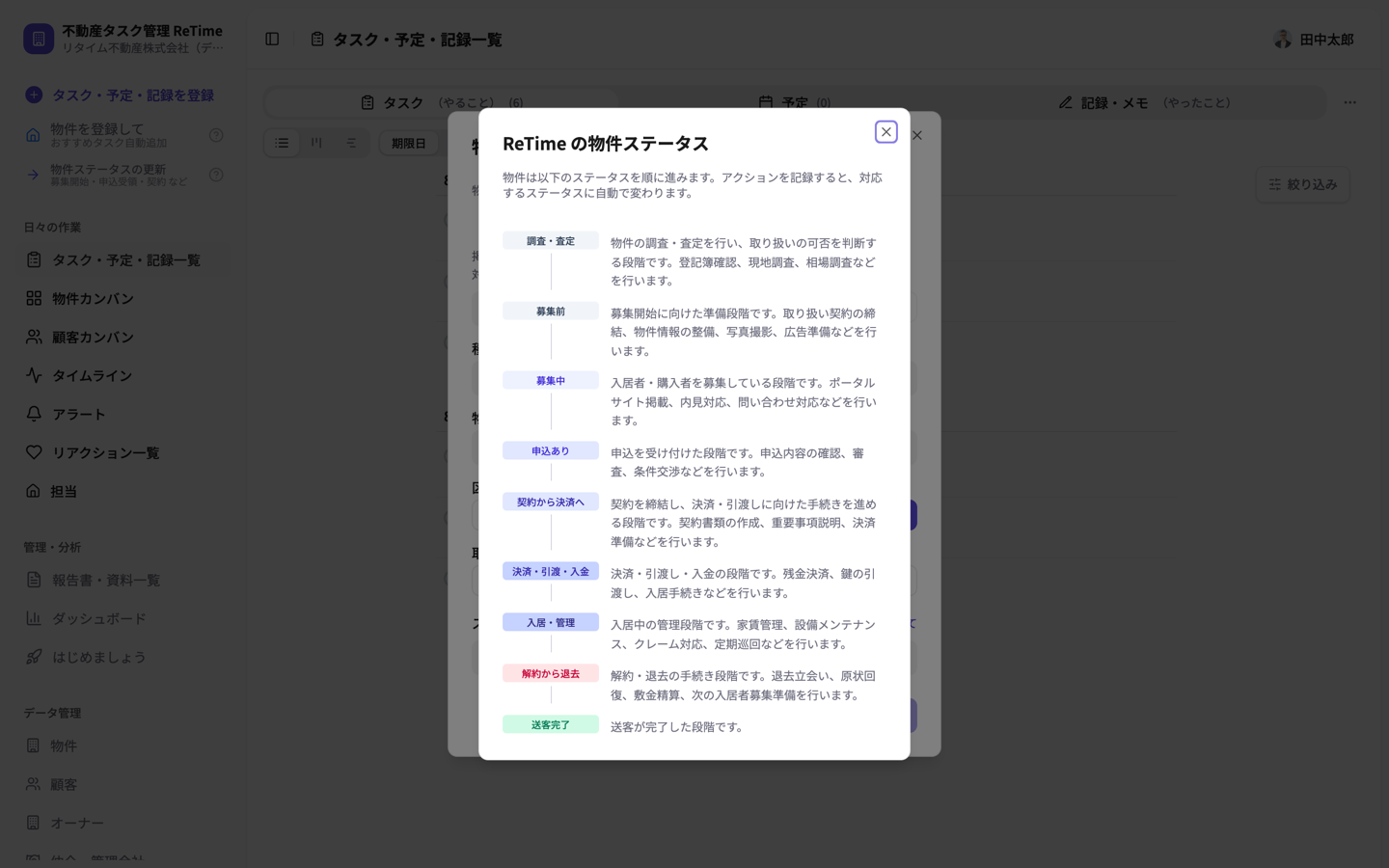 ReTimeの物件ステータス一覧。調査・査定から入居・管理、解約から退去までの各段階の説明