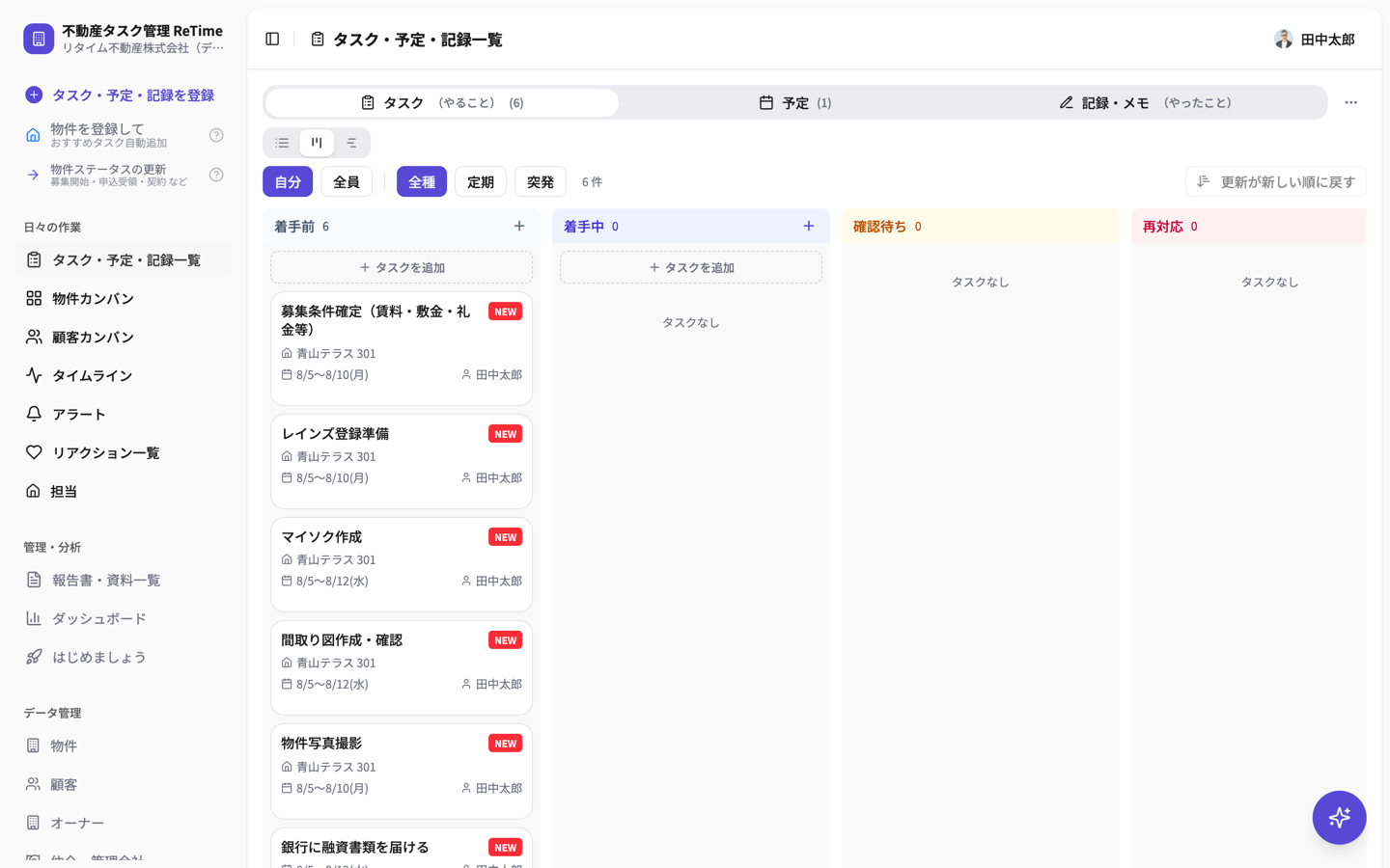 タスクのボード表示。着手前・着手中・確認待ち・再対応の列
