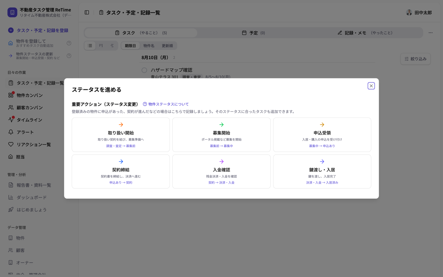 ステータスを進めるアクション一覧