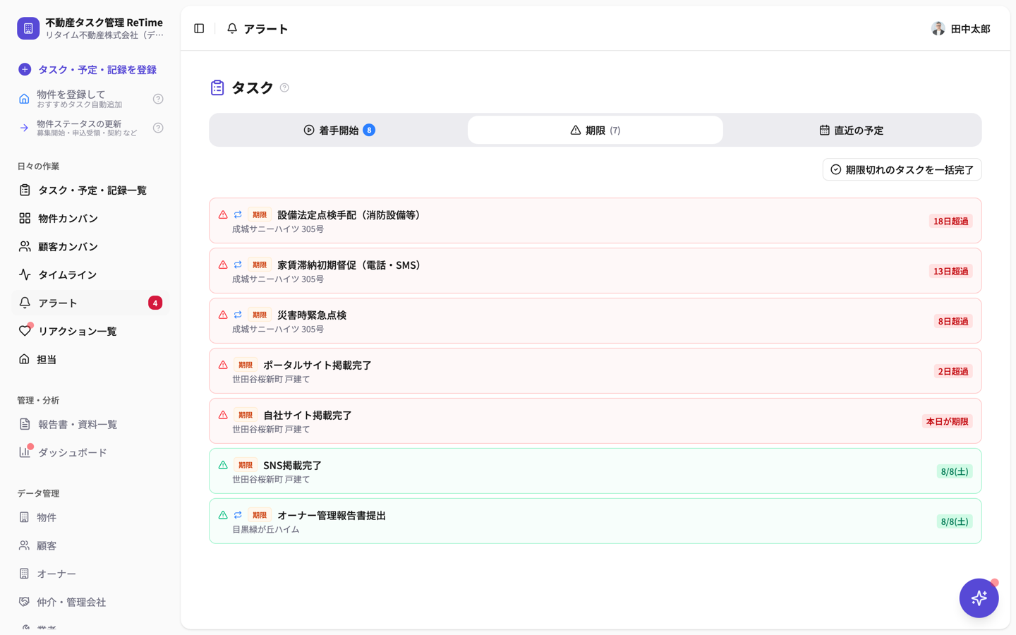 アラートの期限タブ